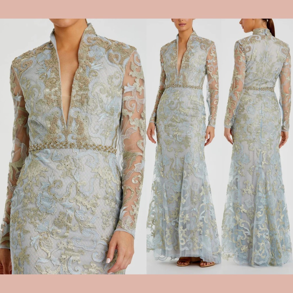 NWT Mac Duggal [ 4 ] 11165 Anne Lace Long Sleeve V-Neck Trumpet Gown Blue #J1855